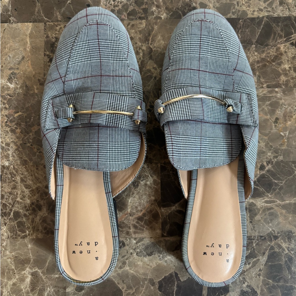 a new day Gray Plaid Mules with Gold Detail
